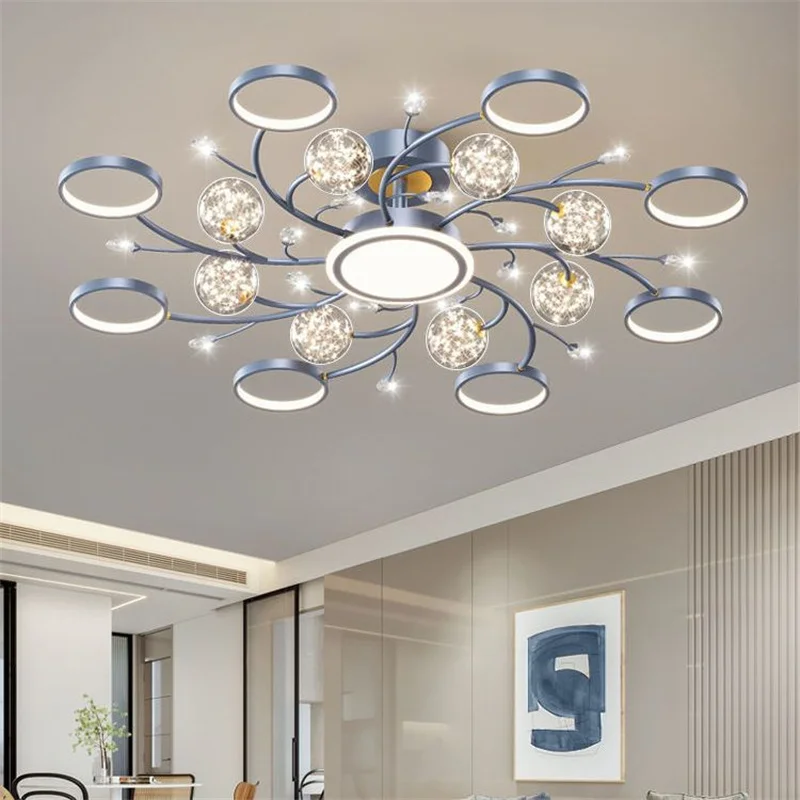 LED Lights Blue Gray Nordic Chandelier Living Room Light Living Room Atmospheric Light Luxury Suction Top Chandelier