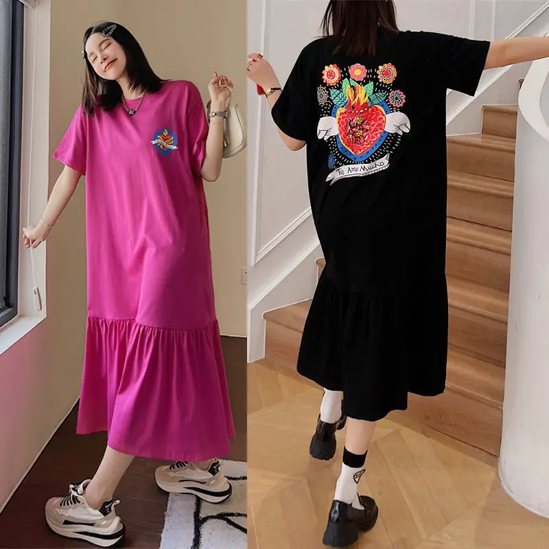 

2022 New Korean Style Casual Loose Skinny Dress Mid-calf Big Swing Printed Dress Comfortable Pregnant Dresses Women Summer Dress