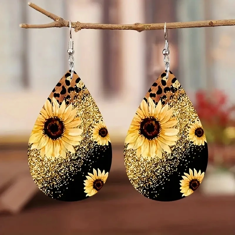 

1Pair Bohemian Fashion Style PU Leather Droplet Earrings with Sunflower Print for Men and Women's Daily Wear Ear Jewelry Creativ