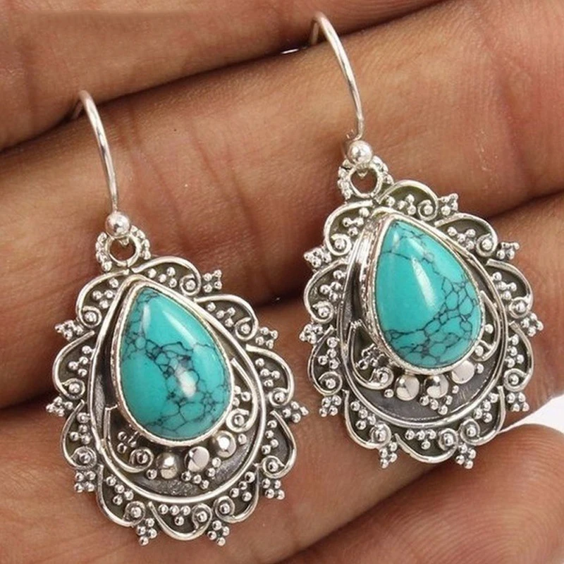 

2023 New Year Vintage Bohemia Oval Green Turquoise Hanging Earrings with Stones for Women Luxury Travel Holiday Jewelry