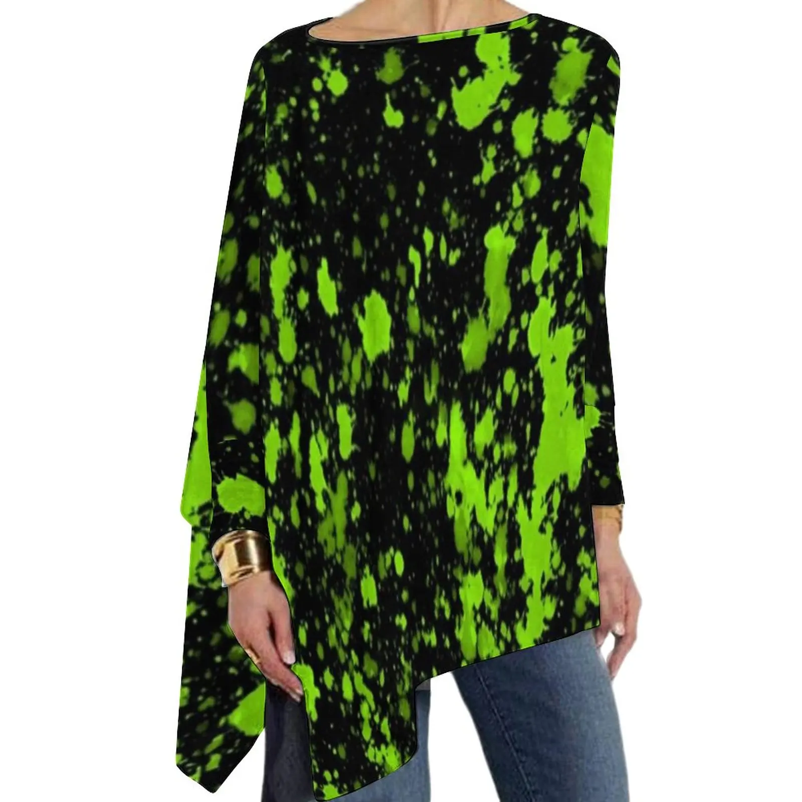 

Green Paint Splatter T-Shirts Cool Neon Print Casual Loose Long-Sleeve T-Shirt Retro Printed Tees Women Tops Big Size 5XL 6XL