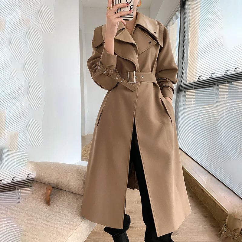 

Coffee Color Women's Windbreaker Long 2022 Spring Autumn New Korean Loose Square Collar High-end Lining Tooling Belted Coat YE4