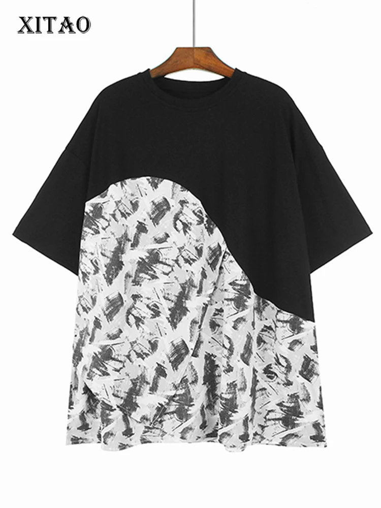 

XITAO Patchwork Casual T-Shirt Women Korea 2023 Summer New Arrival Personality Fashion Loose O-neck Short Sleeve T-Shirt DMJ1341