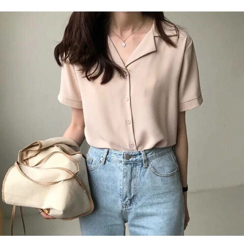 

2022 Summer Blouse Shirt For Women Fashion Short Sleeve V Neck Casual Office Lady White Shirts Tops Japan Korean Style