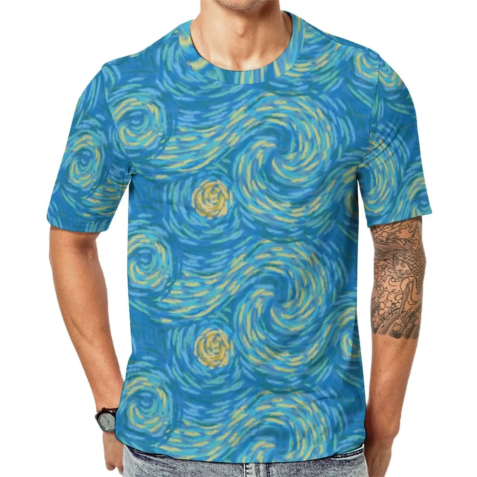 

Ярко-голубая и золотисто-желтая футболка с изображением Ван Гога солнца и неба, Забавные футболки с круглым вырезом, футболка в стиле хиппи, пляжные мужские топы с принтом, большой размер