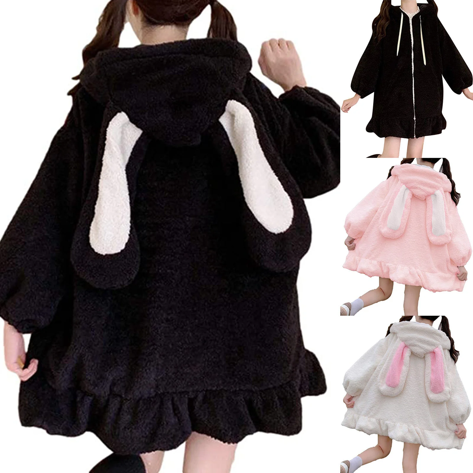 

Hoodies Women Large Size Solid Zip-up Long Lantern Sleeve Hooded Rabbit Ears Lolita Cute Sweet Girls Harajuku Style Warm Baggy