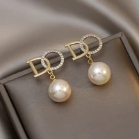 luxury crystal pearl gold drop earrings for women girl 2022 elegant personality shiny d letter earring fashion jewelry gift
