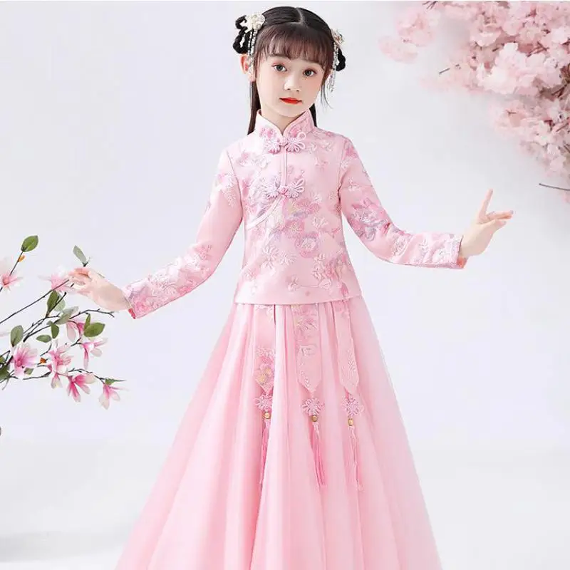 Детский осенний костюм ханьфу в китайском ретро-стиле с вышивкой бахромой