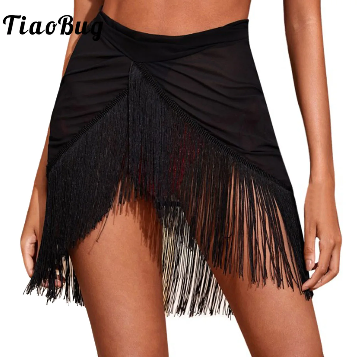 

Womens Tassel Latin Skirt Sexy Black Asymmetrical Fringed Ballet Samba Tango Dancing Costume Competition Stage Dancewear