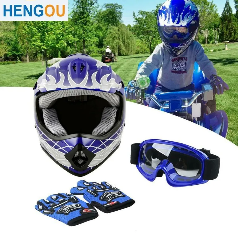 

Мотоциклетный шлем Dot Youth для детей, синий шлем для мотокросса, квадроцикла, очки и перчатки, подарок для мальчиков