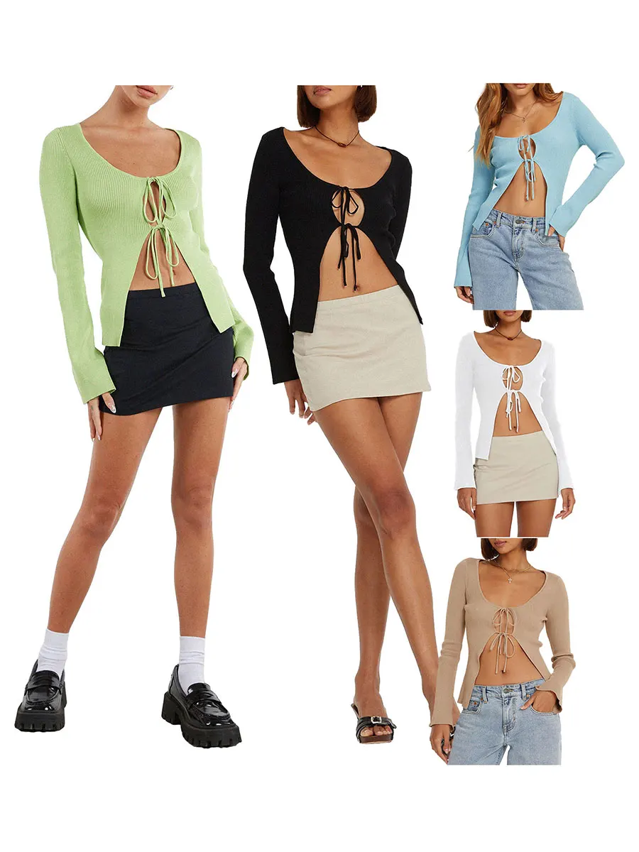 Женский кардиган в рубчик на завязках эстетичная одежда новинка уличная