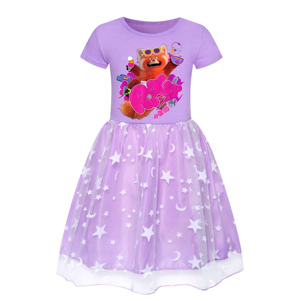 

2022 New Disney Turning Red Baby Girl Cartoon Print Rainbow Lace Short-Sleeved Dress Children's Birthday Party Dress 4-14Y