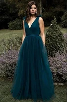 sexy v neck evening dress tulle dark green floor length backless women evening party gown sleeveless ladies formal prom dresses