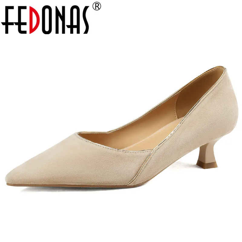 

FEDONAS Fashion Concise Women Pumps Pointed Toe Thin Heels Spring Summer Party Office Ladies Prom Kid Suede Leather Shoes Woman