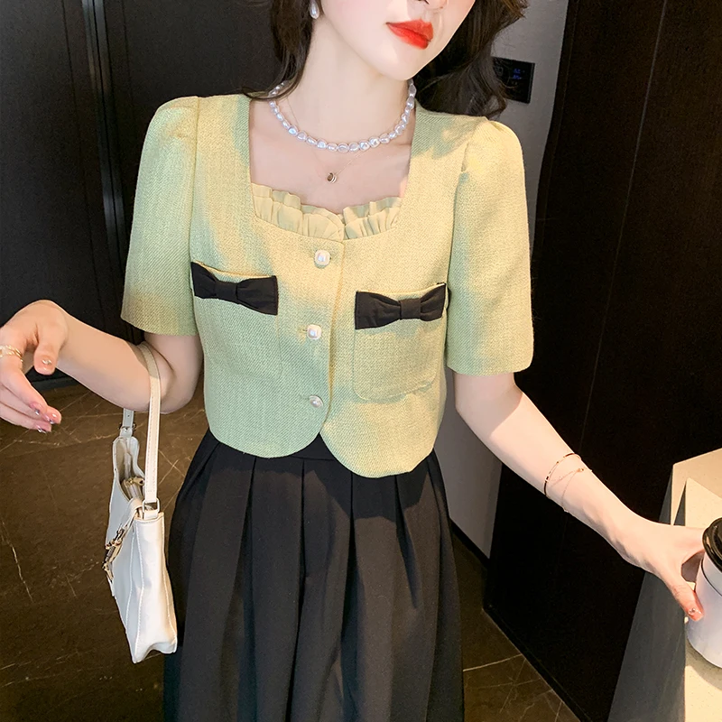 

Женский комплект из 2 предметов, зеленый пиджак с коротким рукавом и круглым вырезом и Длинная черная юбка с высокой талией, летний костюм 2023