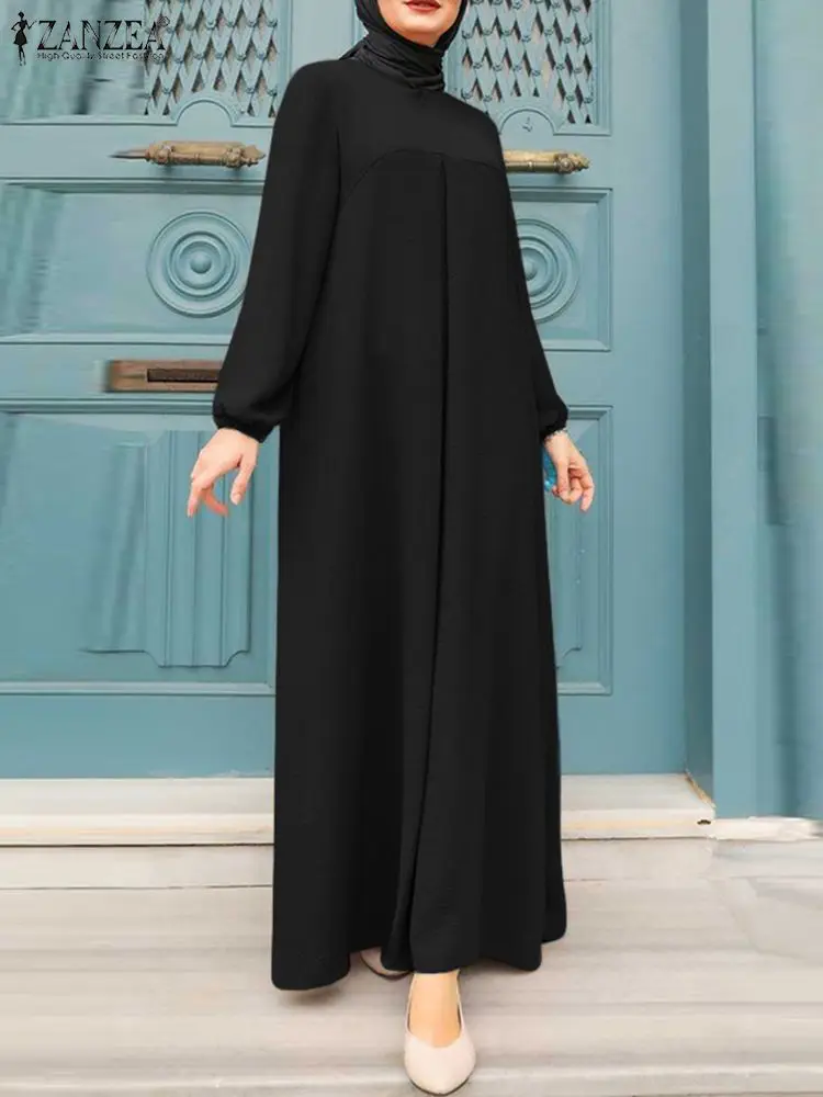 Платье ZANZEA женское с круглым вырезом, однотонное модное повседневное в мусульманском стиле, с длинным рукавом, кафтан, Дубай, абайя, ислам, б...