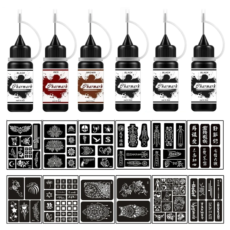 

Waterproof Temporary Tattoos Kit 3 Bottles Semi Permanent Freehand Ink with Adhesive Stencils Set Paste DIY Tattoos Temp