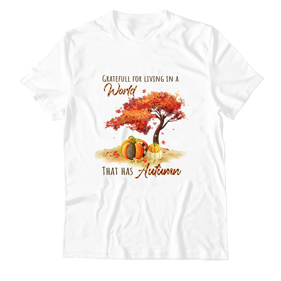 

2022 Retro Fall Print Autumn Plus Size Women's Shirts Aesthetic Short Sleeve O Neck 100% Cotton Femme Tops