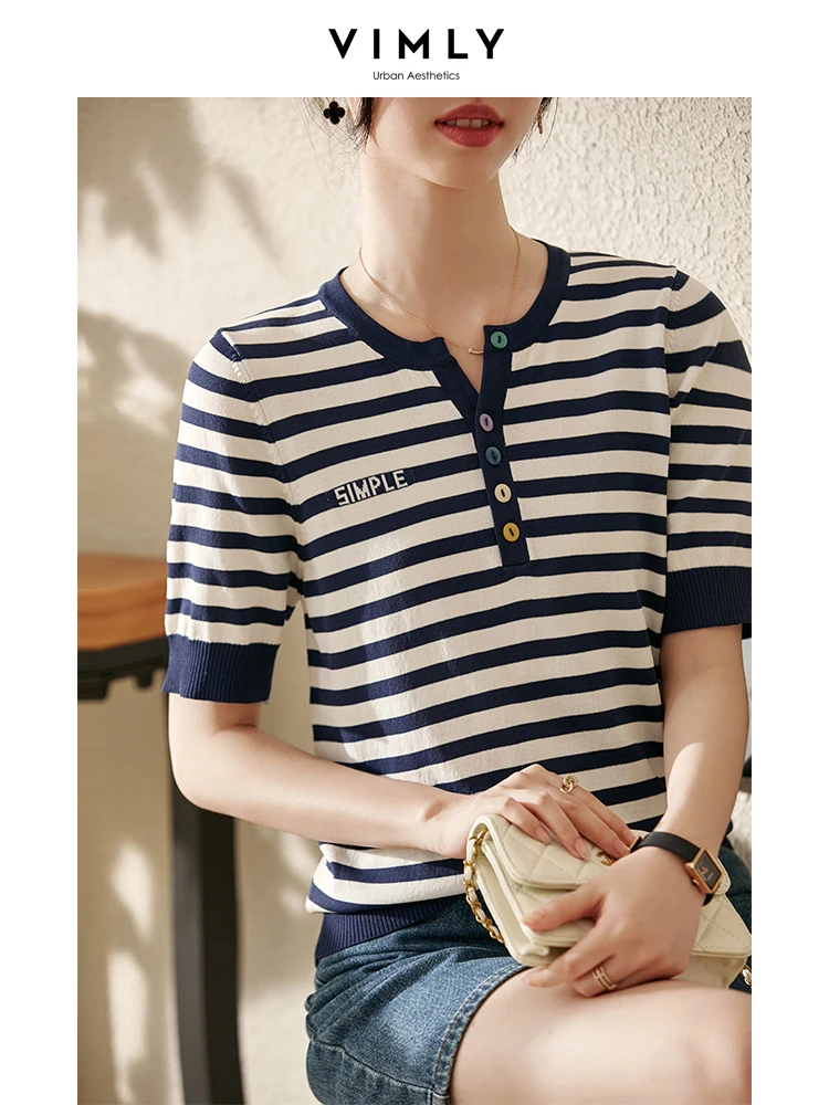 

Vimly Striped T-shirt Women Short-Sleeve V-Neck Fashion Knitwear 2023 Summer New Casual Versatile Top Aesthetic T-shirts V3180