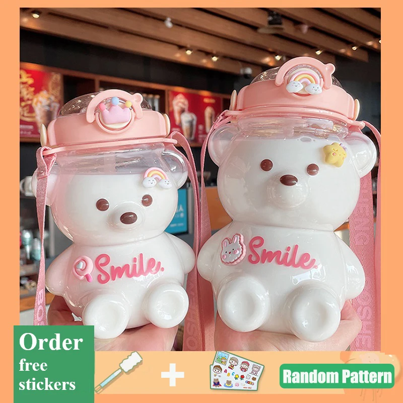 

Water Bottles 1000ml/1400ml Large Capacity Kawaii Plastic Bear Water Bottle With Straw Portable Strap For Kids School Outdoor