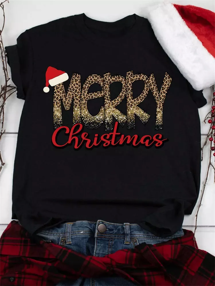

2023 Merry Christmas Hat Leopard O-Neck T-Shirt Tee Women's Girl's Clothes Short Sleeve Tops Female Playful Cute Y2K Streetwear