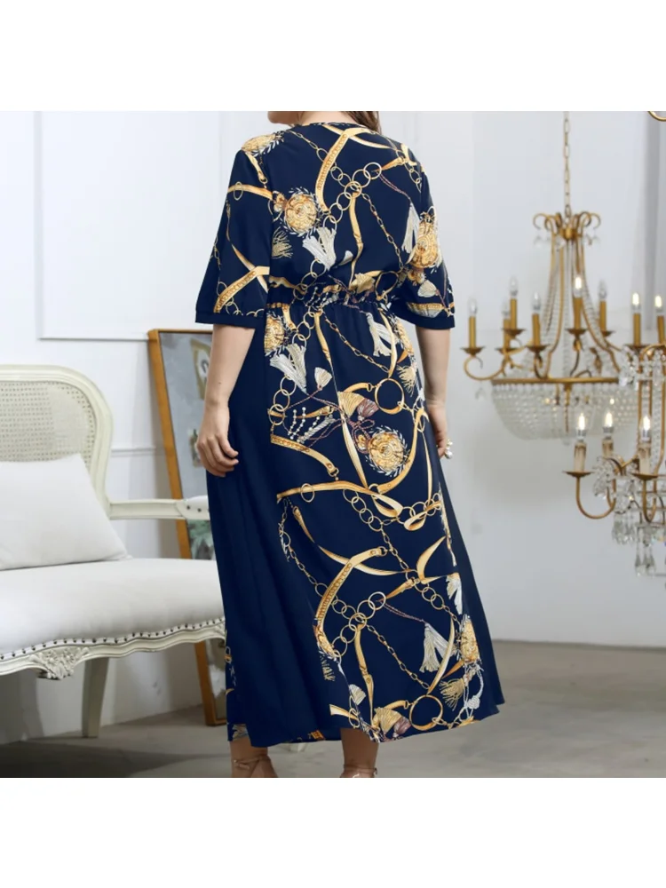 Temperament new plus-size dress cover belly V-neck elastic waist print dress plus-size women dress