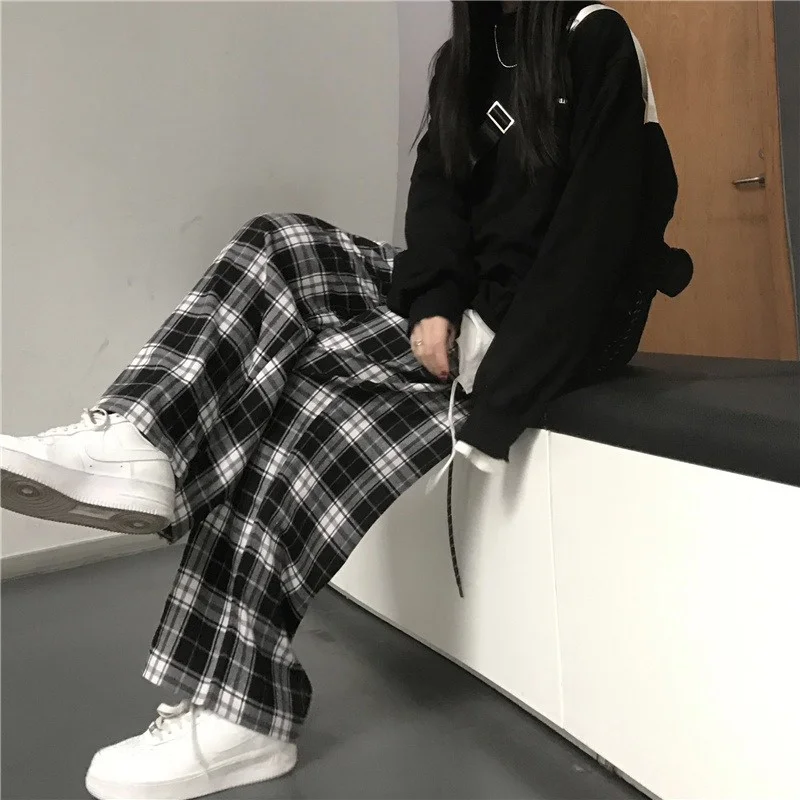 

Loose Women Trousers Black and White Plaid Pants Retro Wide Leg Casual Teen Streetwear Hiphop Straight Ins New