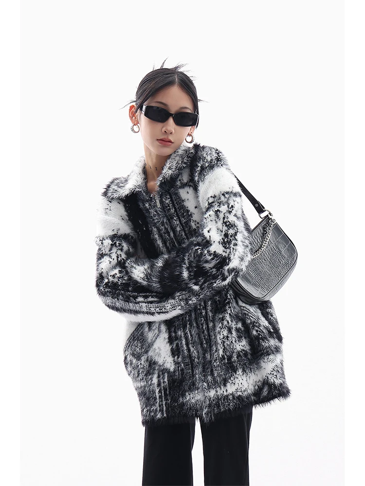 

Tie Dye Contrast Color Women Knit Teddy Jacket Fluffy Plush Knitwear 2022 Winter Lapel Loose Female Sweater Harajuku Oversize