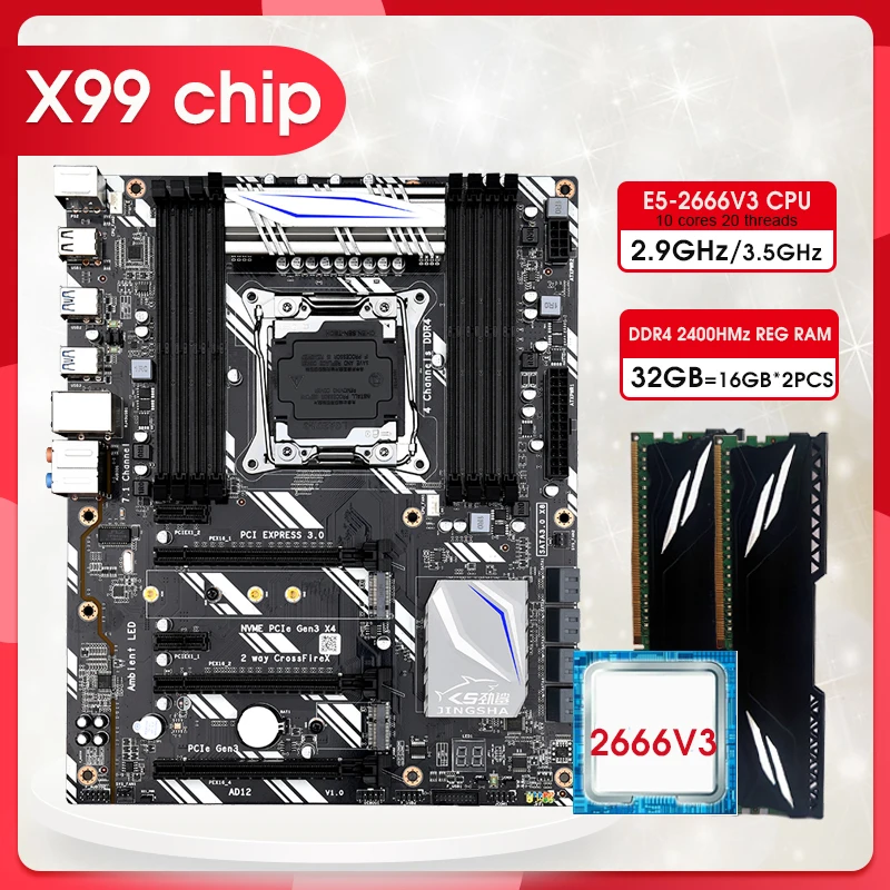 

Комплект материнской платы JINGSHA X99 D8 с Xeon E5 2666V3, телефон 2,2 ГГц, ЦП 2 шт. X 16 ГБ = 32 ГБ, Память DDR4 2400 МГц, интерфейс M.2 Wi-Fi