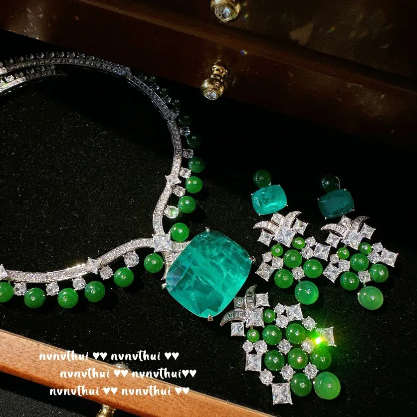 

Роскошные массивные серьги-подвески из белого золота 18 карат с сияющим турмалином, ожерелье из висячих сережек, женский свадебный комплект ювелирных украшений в стиле ретро для банкета