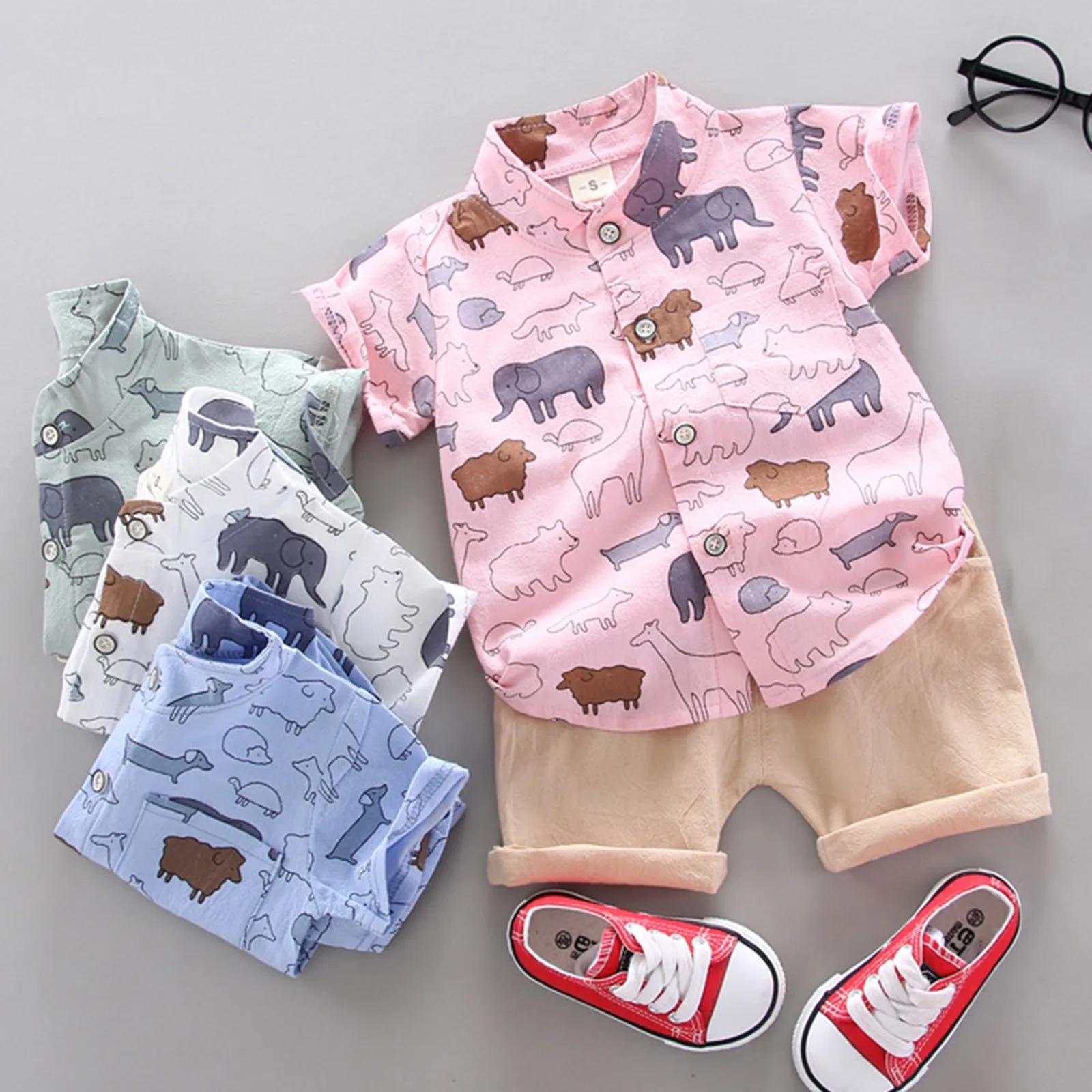 

Baby Boy Clothes Gentleman Shirts Tops Pants Set Cartoon Animal Print Summer Short Sleeve Boy Baby Sets Baby Clothes Newborn