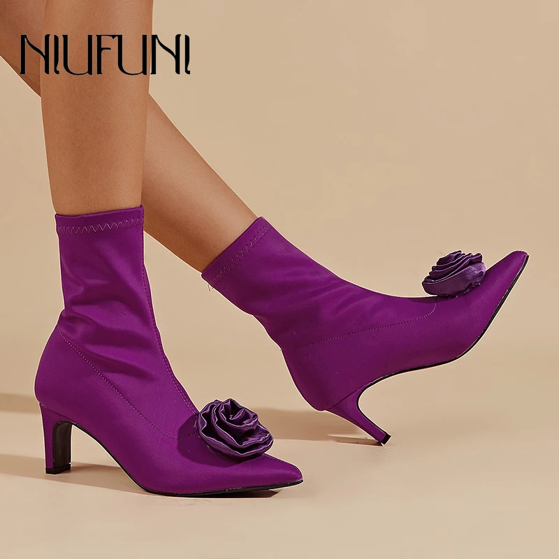 

Spring Autumn Elastic Fabric Silk Solid Color Women's Boots Pointed Flower Stiletto High Heels Fashion Slip On Slim Ankle Bootie