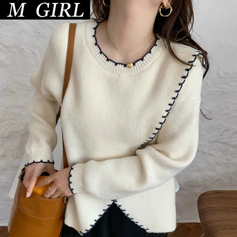 M GIRLS Elegant Chic Sweater Women O-neck Contrast Loose Split Long Sleeve Pullover Office Lady Fashion Knitwear Tender Casual