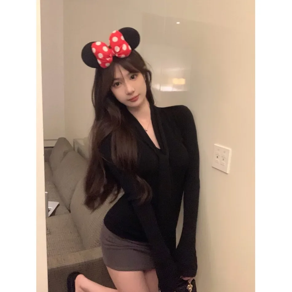 Эстетический вязаный топ Pure Desire с длинными рукавами и v-образным вырезом мягкая