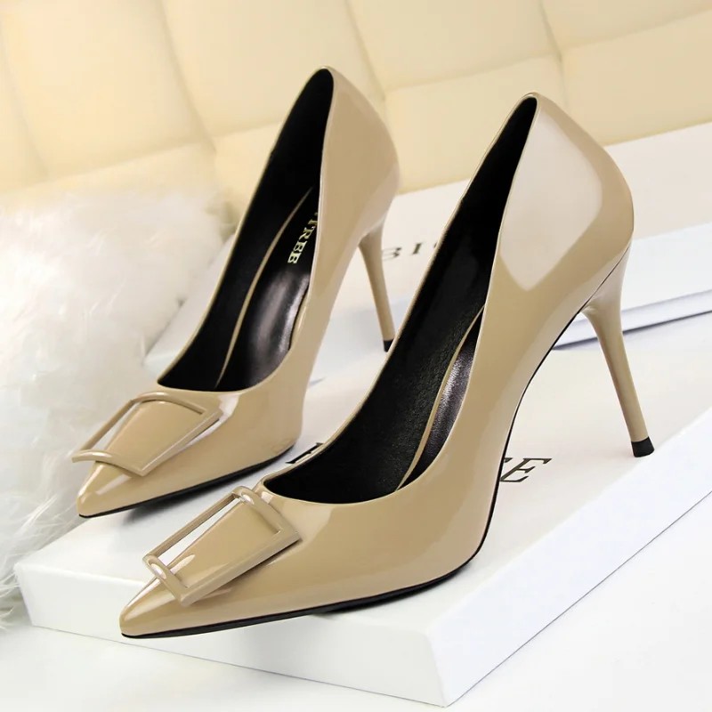 

Women High Heels Shoes PU Stilettos Shallow Mouth Pointed Square Buckle Non Slip Solid Color Increase Fashion