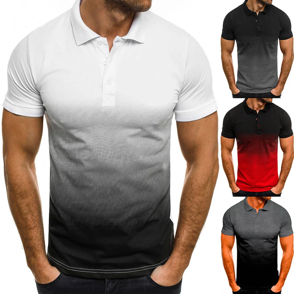 

Men Polos Button Lapel Gradient Casual Slim Sports Short Sleeve T-Shirt Shirt Tee Top Stand Collar Mens Polo Shirts