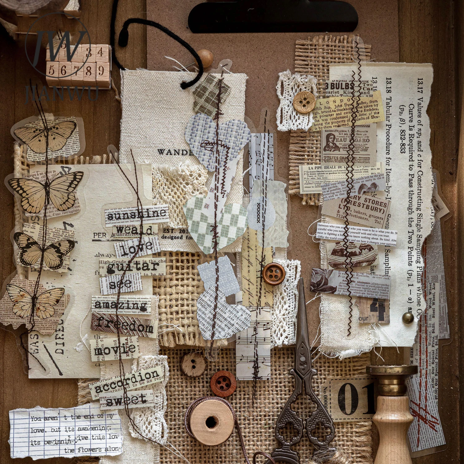 Фото Набор винтажных стикеров JIANWU Time Line Series: английские цифры, билеты, пейзажи, материалы для коллажей, креативные DIY-наклейки для дневников и канцелярских товаров №3