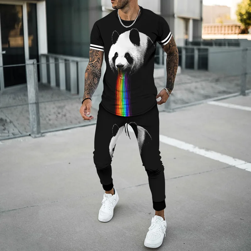 Fashion Summer Man T Shirts 2 Piece Sets 3D Print Panda Graphics Shirts Street Casual Sports Pants Suits Tracksuit Male Clothes