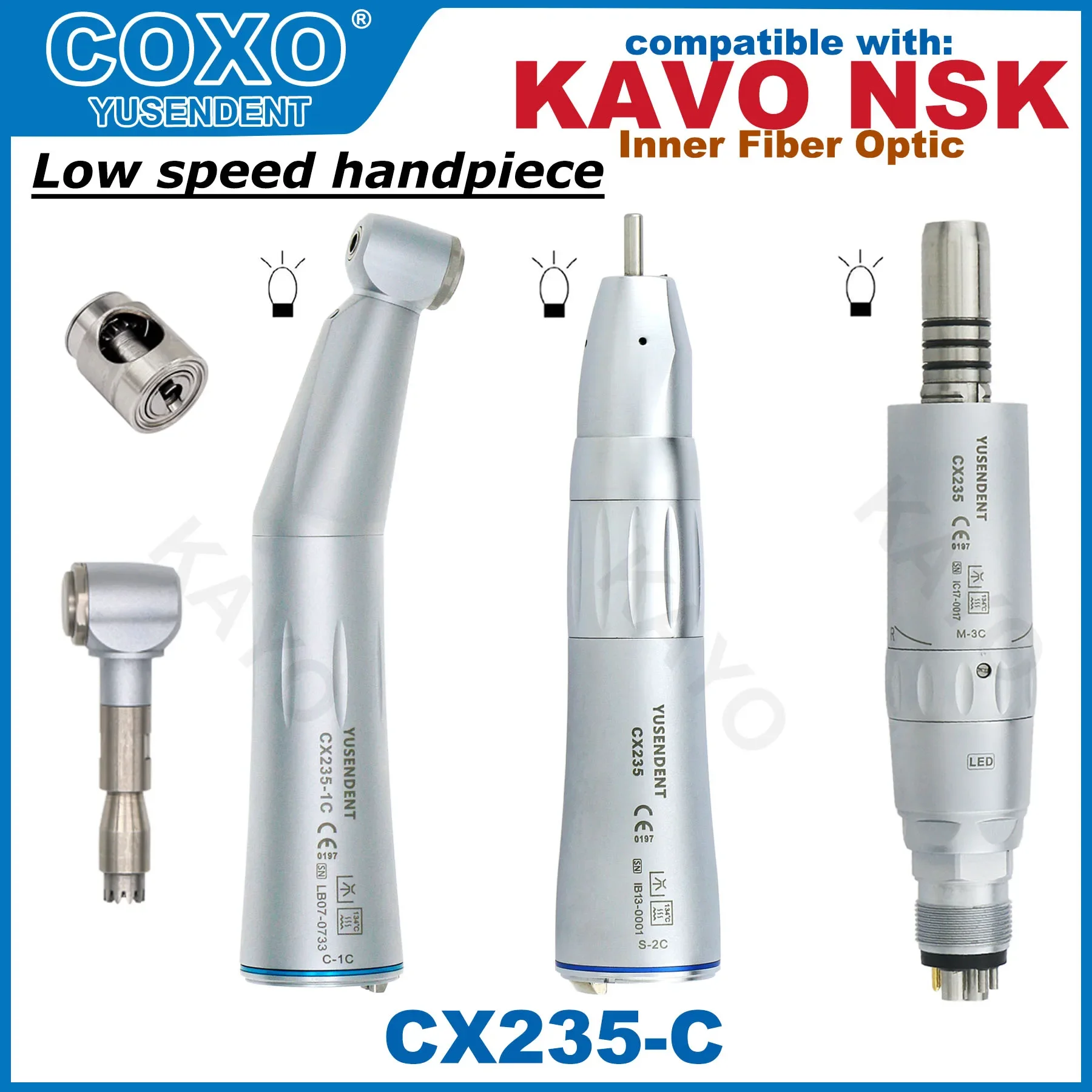Фото Стоматологический низкоскоростной наконечник COXO 1:1 с оптоволокном, прямой и угловой, тип E, с LED-подсветкой, пневмомотор, 6-контактный, совместим с KAVO, NSK №1