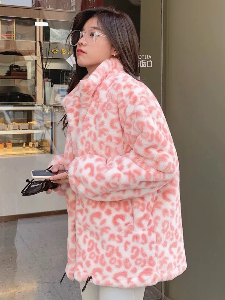 2022new winter Korean zipper top lamb leopard h short coat imitation faux Rabbit Fur grass fur coat female top jacket casual