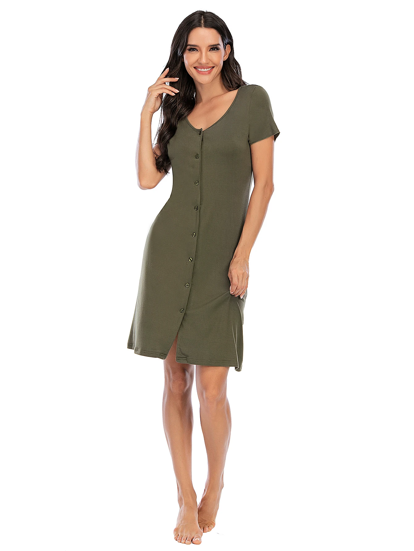 Aamikast Women Summer Pajama Short-Sleeved Loungewear Cardigan Buttons Comfortable Leisure Outfit Mid-Length Solid Nightgown