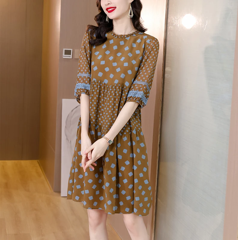 Женское элегантное шелковое платье с круглым вырезом и принтом Новинка лета 2022