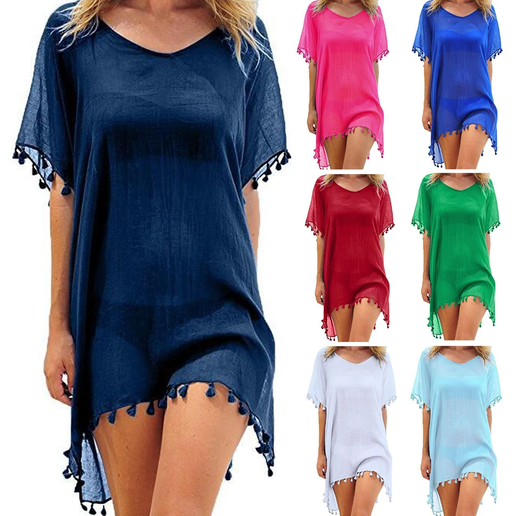 

Summer Chiffon Tassels Beach Dress Women Swimwear Bikini Cover Up Female Mini Loose Solid Pareo Tops Swimsuit