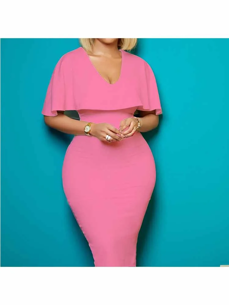 

Elegant Office Lady Summer Solid Color Pencil Dress Patchwork Design Zipper Decor V-Neck Cloak Sleeve High Waist Slim Hips Dress