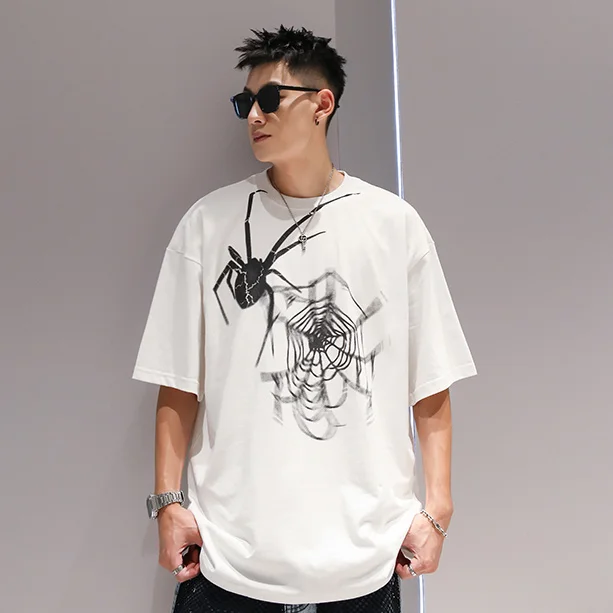 Мужская хлопковая футболка с коротким рукавом принтом в виде паука и граффити