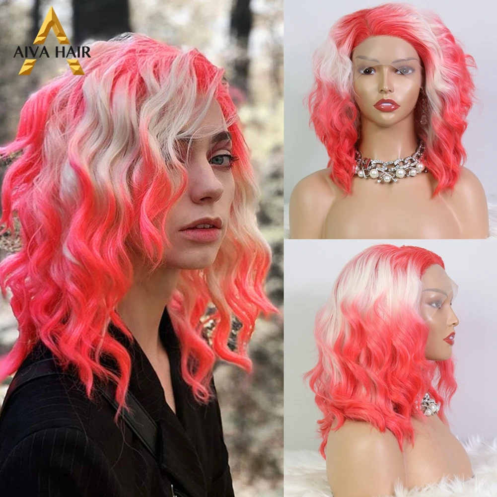 

Pink White Synthetic Lace Wigs Aiva Black Short Wig Heat Resistant Ombre Synthetic Lace Front Wig Drag Queen Wigs For Women