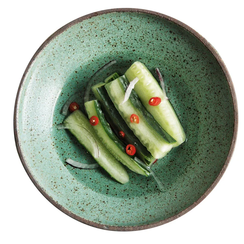 

Japanese Green Color Retro Handmade Ceramic Plates Single Home Restaurant Teacup Round Steak Plate Rice Salad Bowl Dinner Plates