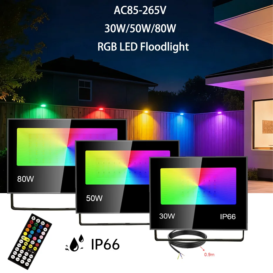 Фото 30 Вт 50 Вт 80 Вт Уличный RGB LED прожектор AC85-265V IP66 Водонепроницаемый, с регулируемой яркостью, для садового, ландшафтного и уличного освещения. №1