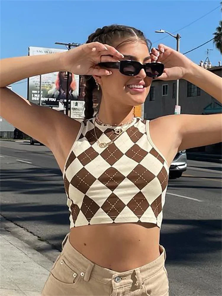 

Женская Винтажная футболка без рукавов, с круглым вырезом и ромбовидным принтом, в стиле Харадзюку, весна-лето 2022