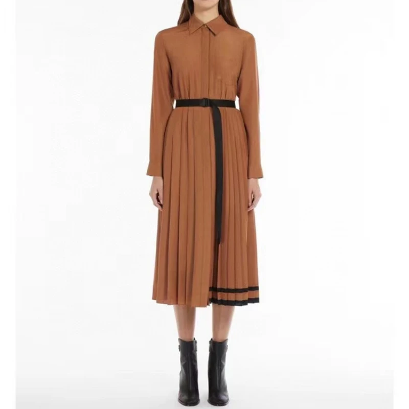 2023 Spring New Contrasting Color Stitching Hem Pleated Shirt Style Ladies Long Sleeve Dress
